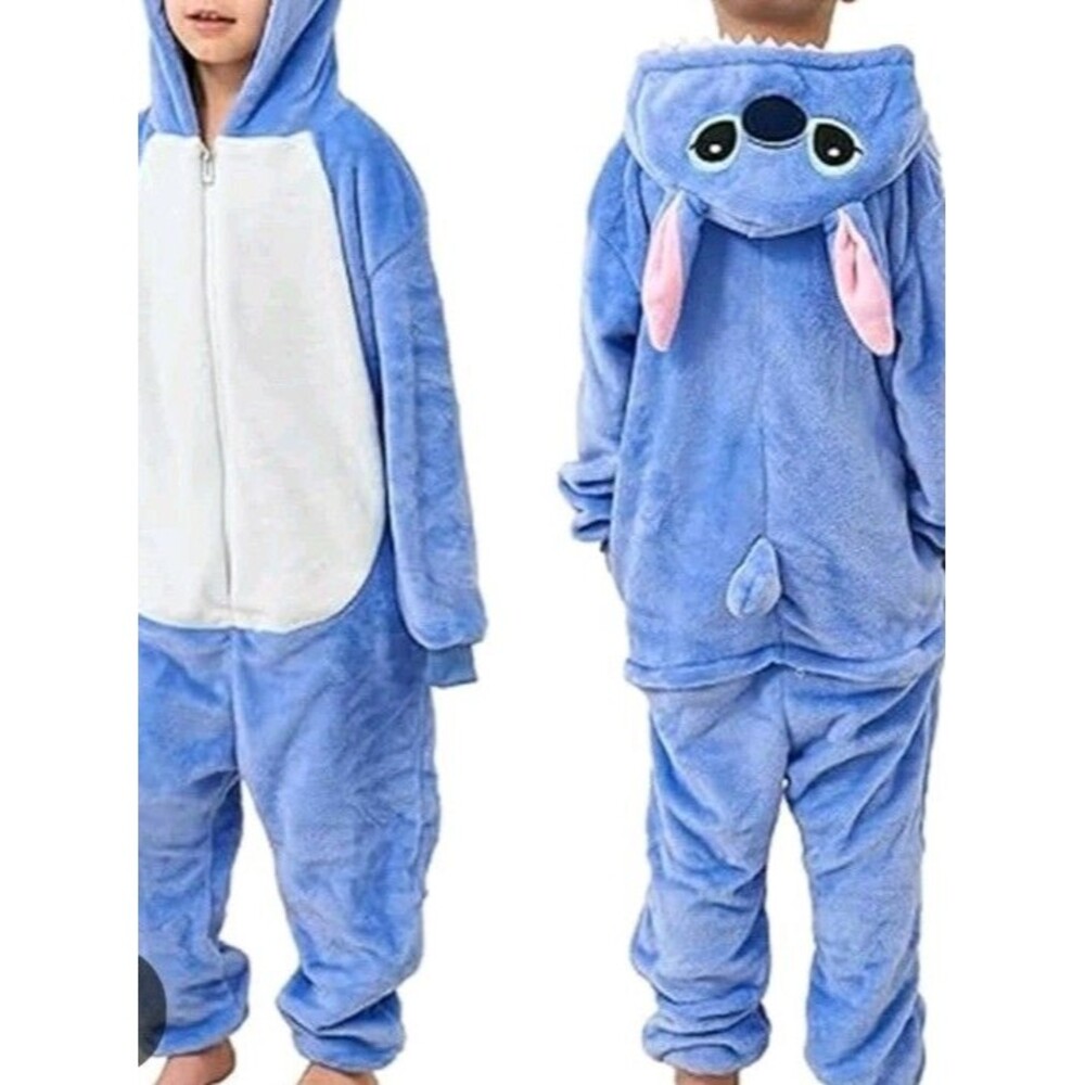 Stitch Costume Kids Size  7/8 Years Blue Fleece Hooded One Piece
